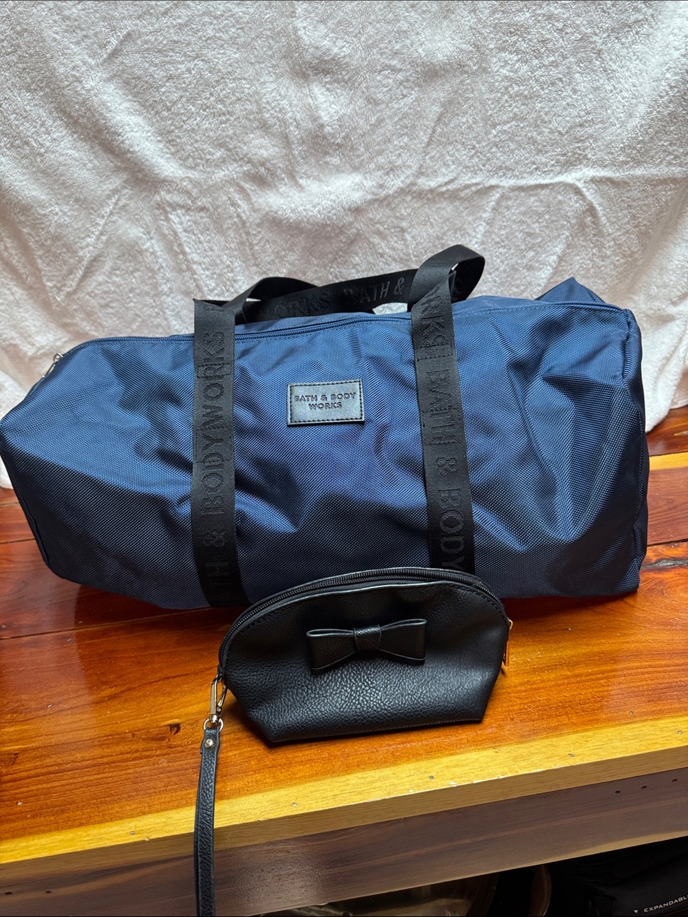 Bath & Body Works Navy Duffel Bag with Black Wristlet Pouch